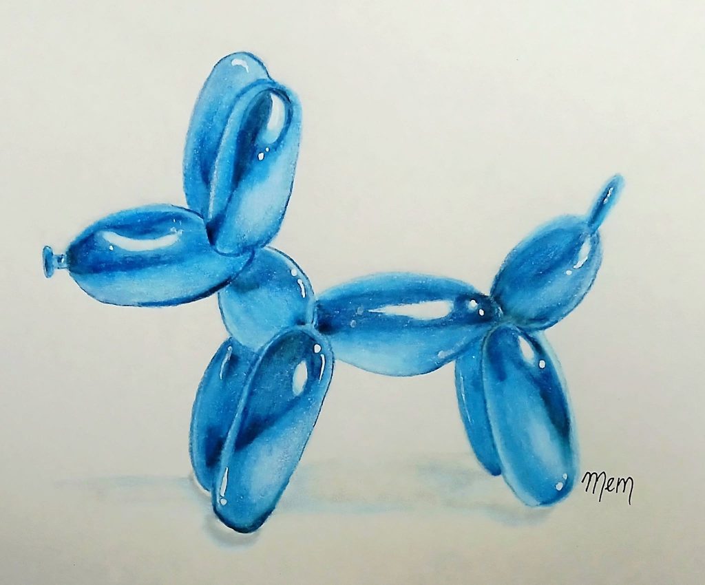 Practicing my reflections on this balloon dog, hand-drawn and colored with Prismacolor colored pencils