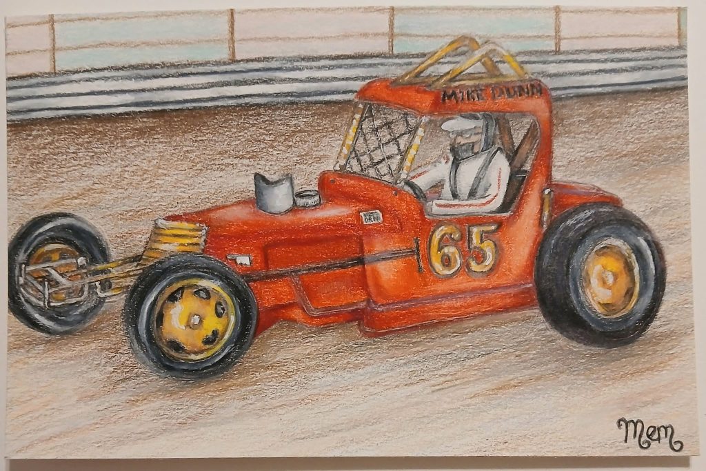 A sketch of my Daddy's custom built racecar done in Prismacolor colored pencils
