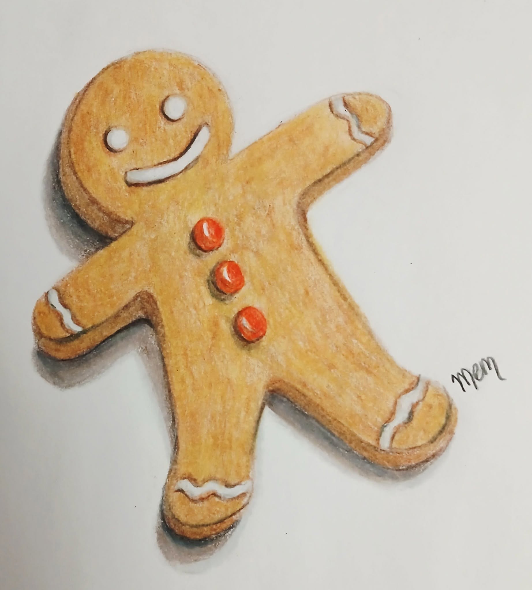 Gingerbread man drawn and colored with Prismacolor colored pencils