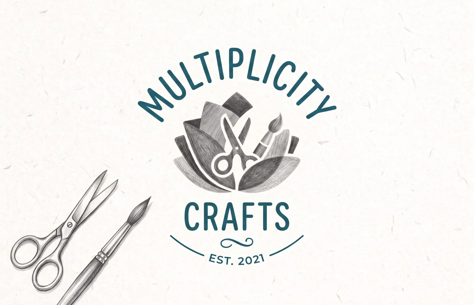 The Multiplicity Crafts logo: scissors, a brush and a pencil drawn as a flower, est. 2021