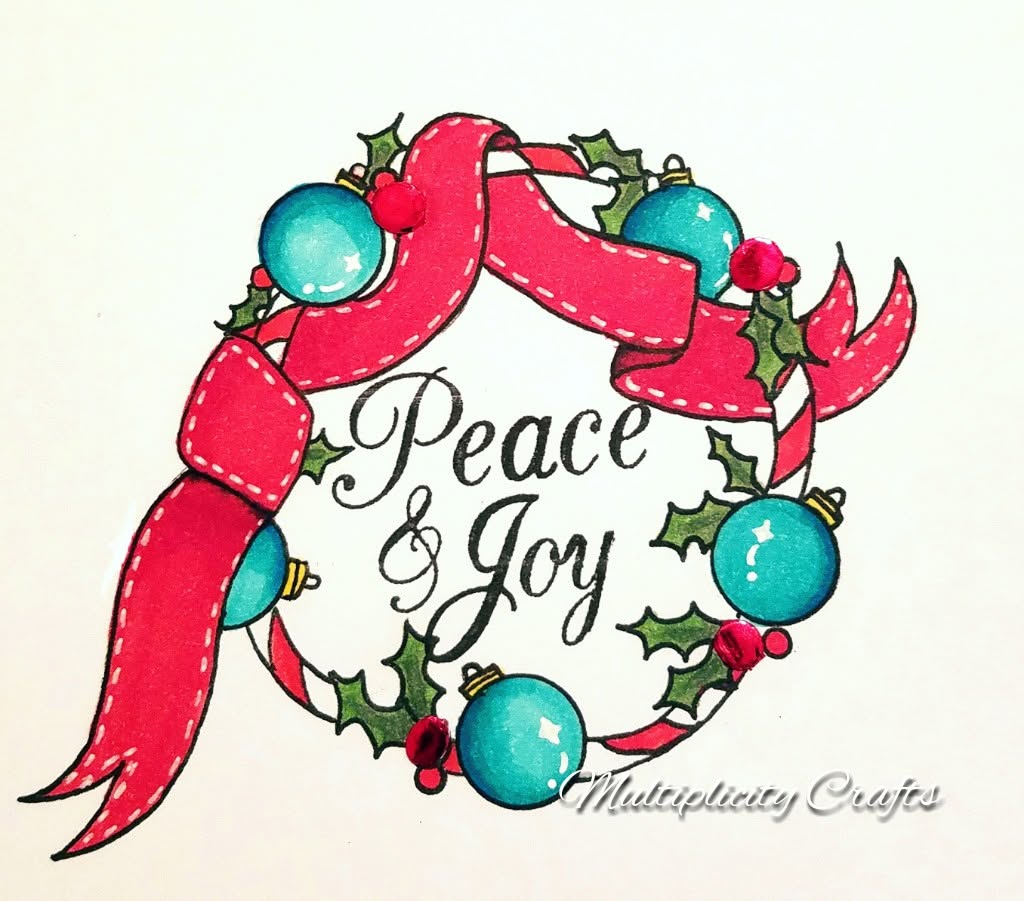 Back in 2017, I drew this Christmas wreath and colored it using Copic alcohol ink markers. The words in the center are done with a stamp, but everything else is hand-drawn