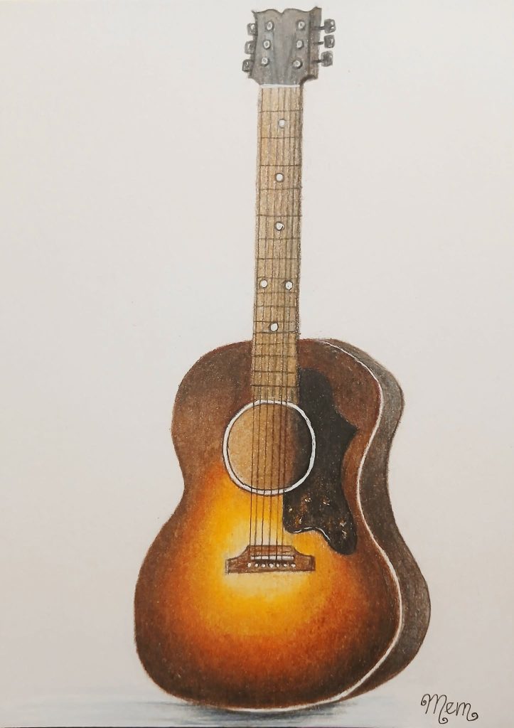 It's a bit of a misshapen and wonky drawing of a guitar, 😄 but I was moreso practicing blending the Prismacolor colored pencils. I'm still a work in progress, lol